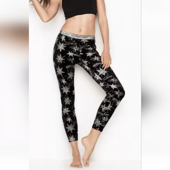 Victoria Secret Black Velvet Leggings Shooting Stars Glitter Pants Size Medium - Picture 1 of 9
